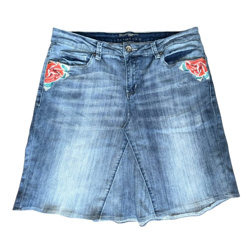 Ruff Hewn Rose Y2K Embroidered Stretch Denim A-Line Midi Boho Skirt – Size 10